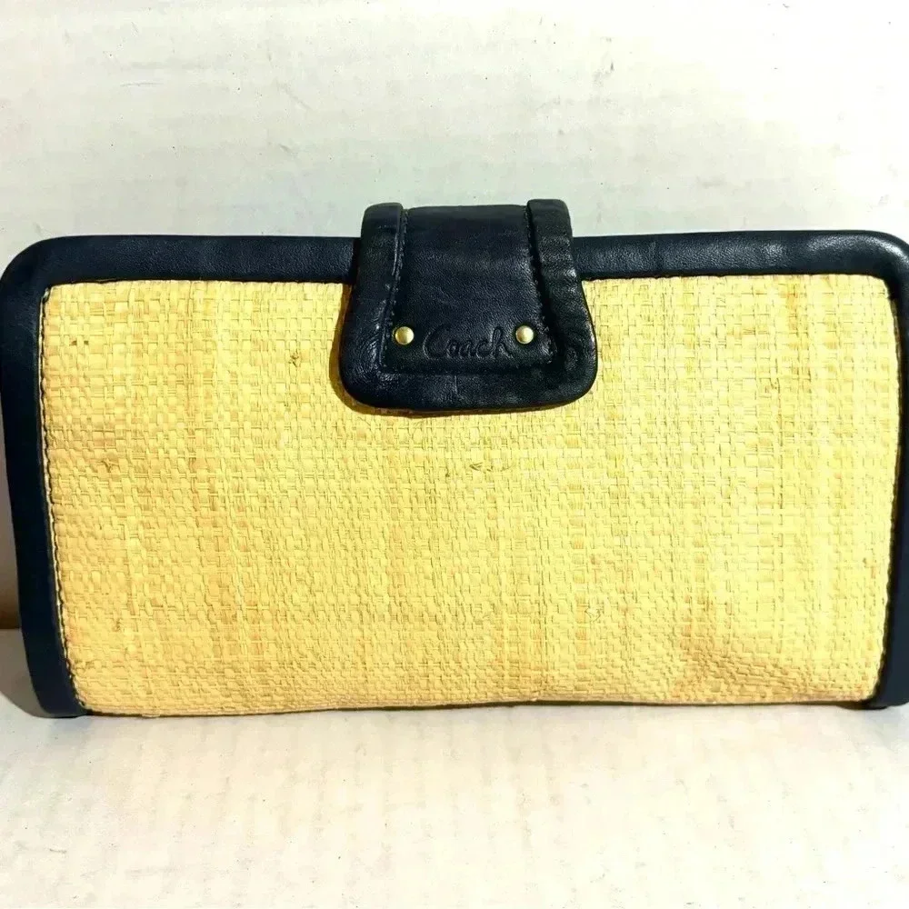 Coach beige straw & navy blue leather clutch wristlet